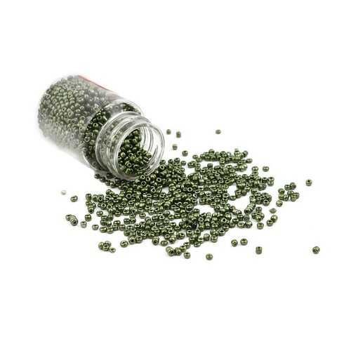 S11706504 pax 1 flacon d'environ 2000 perles de rocaille en verre vert kaki métallisé 2mm 30gr.