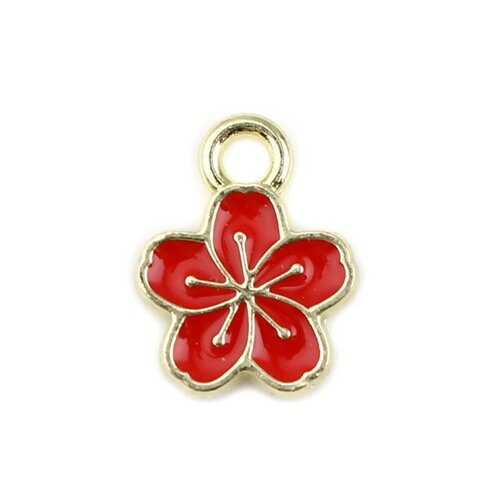 Ps11712552 pax de 10 pendentifs fleur de sakura 9mm style emaillé rouge sur metal doré