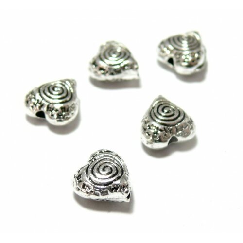 Ps110125701 pax 20 perles - intercalaires coeur - spirale 9 mm - metal couleur argent antique