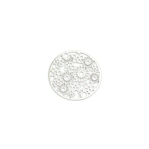 Ps110216302 pax de 5 estampes - connecteur - filigrane - medaillon - multi fleurs 20mm métal couleur argent platine