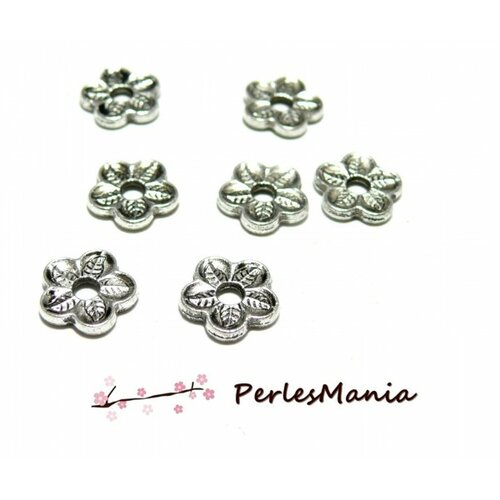 Ref 2y6633 pax de 20 perles plates intercalaire fleur 10 mm métal couleur argent platine