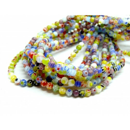Hr480 1 fil d'environ 98 perles rondes - millefiori 4mm - multicolores