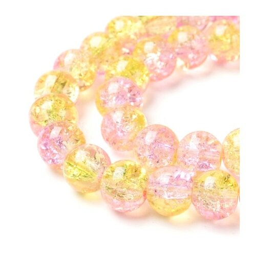 H112403 lot 1 fil de 200 perles de verre - rondes - 4 mm - craquelé - rose et jaune pale