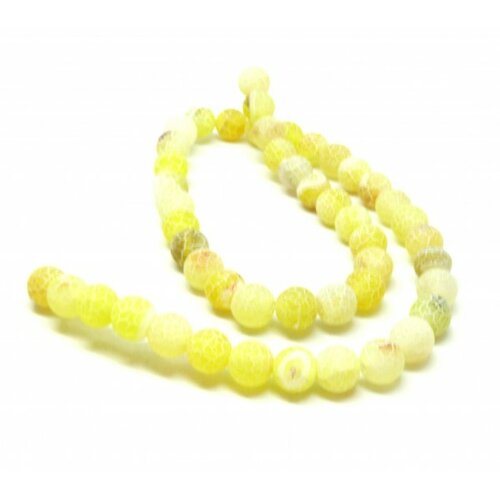 Hf367 lot 1 fil d'environ 48 perles rondes 8 mm, agate craquelée, effet givre, jaune clair coloris 11