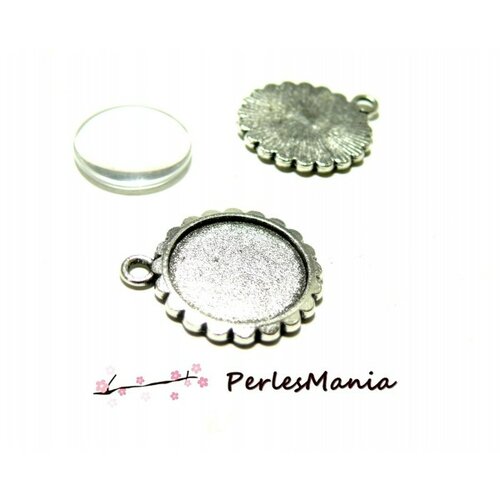 Ps1155419 lot 20 pieces: 10 pendentifs tarte et 10 cabochons verre transparents 16mm métal coloris argent antique