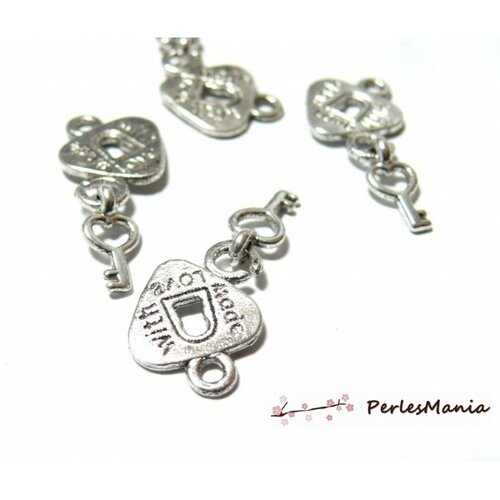 P1088 pax 10 cadenas, coeur, made with love métal coloris argent antique