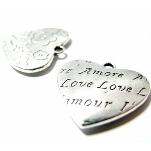 Ref 148 lot de 2 pendentifs, breloque coeur fleur et message love, amour, métal coloris argent antique