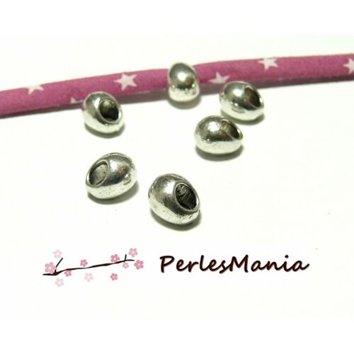 H10909 pax 10 perles intercalaire grand trou 4 mm, forme galet 9.5mm métal coloris argent antique
