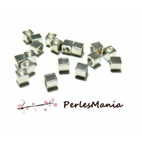 Ps11109548 pax 25 perles intercalaires cubes 3 mm cuivre coloris argent platine