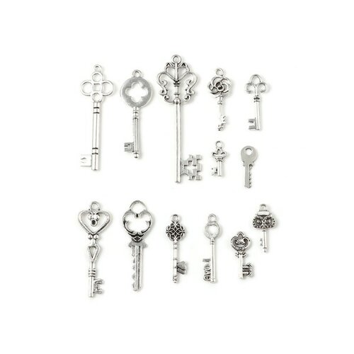 S11724373 pax 13 breloques pendentifs mixte clés, clefs, métal coloris argent antique