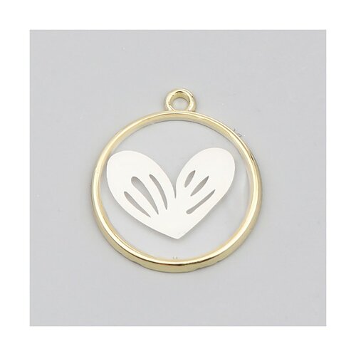 Ps110256691 pax 2 pendentifs avec coeur blanc dans résine 20 mm, fête des mères métal coloris doré