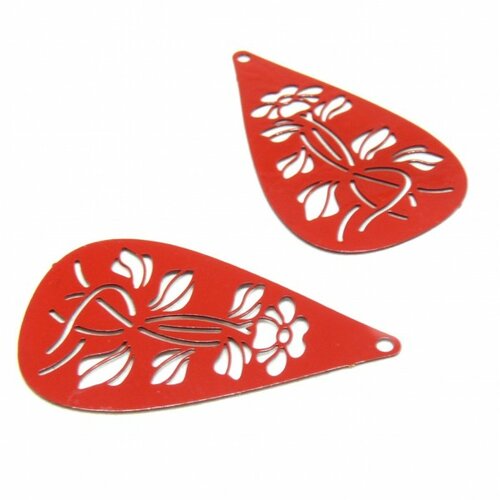 Ae116671 lot de 4 pendentifs filigranefleur dans goutte 20 par 35 mm coloris rouge