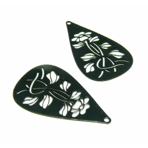 Ae116671 lot de 4 pendentifs filigrane fleur dans goutte 20 par 35 mm coloris noir