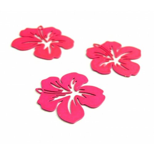 Ps11752783 pax 10 estampes pendentif filigrane fleur d' hibiscus 20 mm cuivre coloris rose