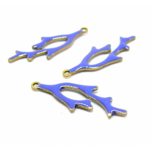 Lot de 2 pendentifs style émaillé - forme corail 22 par 8 mm coloris bleu electrique cuivre doré