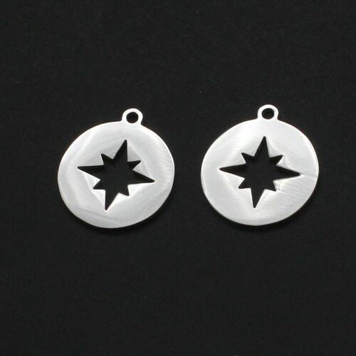 Bu11210805135440 pax 2 pendentifs, etoile dans médaillon 14 mm acier inoxydable couleur argent