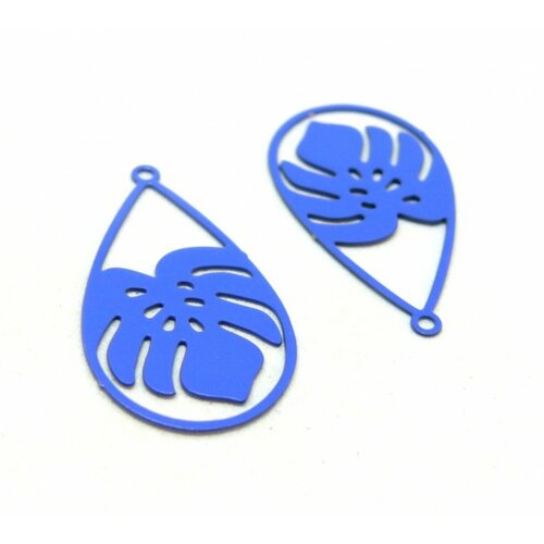 Ae1112349 lot de 4 pendentifs filigrane, feuille de monstera dans goutte 26 par 15 mm coloris bleu