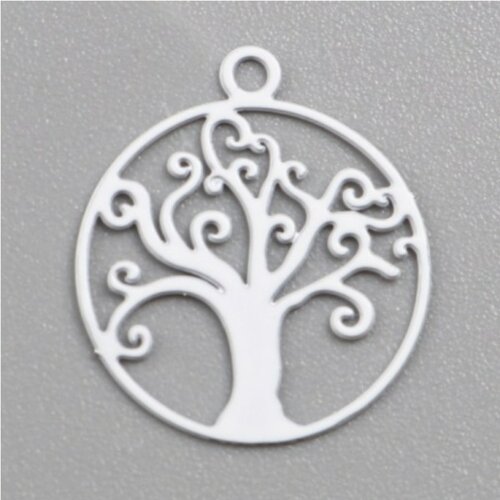 Ps11759850 pax 10 estampes, pendentif, arbre dans cercle 14 mm, coloris blanc