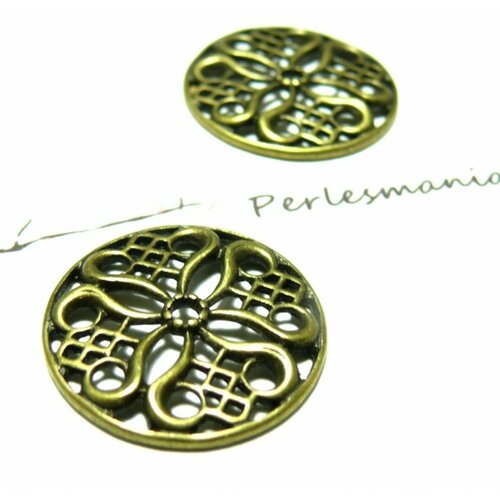 Ref 154 pax 4 pendentifs connecteur médaille fleur métal coloris bronze