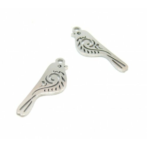 Hn091110 pax 2 pendentifs oiseaux finement ciselés 21 mm acier inoxydable couleur argent