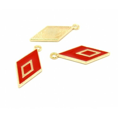 Hn05434d pax 10 pendentifs losange style emaillé 28 par 12 mm rouge metal couleur doré