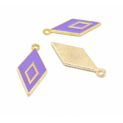 Hn05434e pax 10 pendentifs losange style emaillé 28 par 12 mm violet metal couleur doré