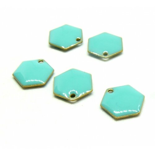 Ref 1 pax 2 pendentifs hexagone style emaillé 12 mm turquoise metal couleur bronze doré