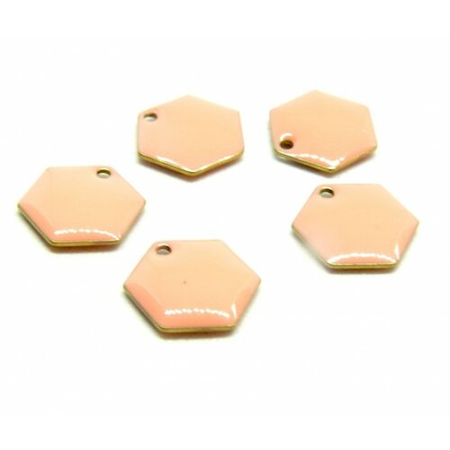 Ref 1 pax 2 pendentifs hexagone style emaillé 12 mm rose saumon metal couleur bronze doré