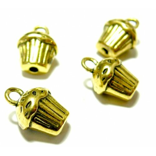 H113361 pax 10 pendentifs cup cake gateau muffins métal coloris or antique