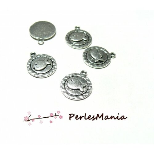 Ps1193735 pax 10 pendentifs, breloque medaille poisson 15 mm metal coloris argent antique