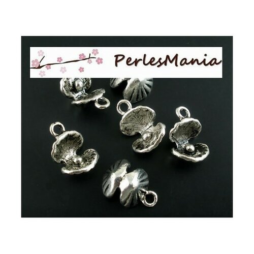 Ps112338 pax 10 pendentifs coquille et perle 3d 15 par 10 mm metal coloris argent antique