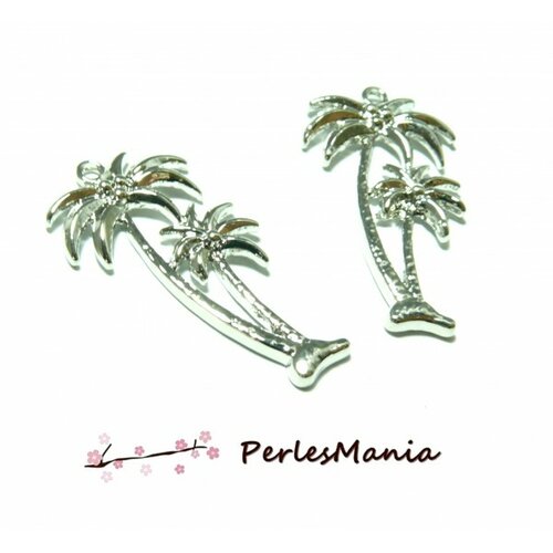 Ps1193973 pax 2 pendentifs breloque grand palmier 35mm metal couleur argent platine