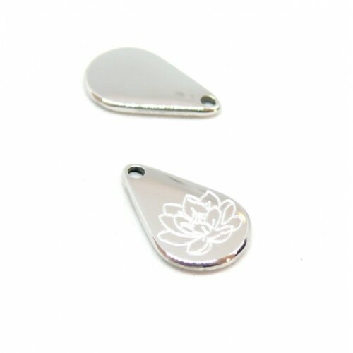 S11760888 pax 1 pendentif  forme goutte 13.9 mm, fleur de lotus, yoga  acier inoxydable coloris argenté