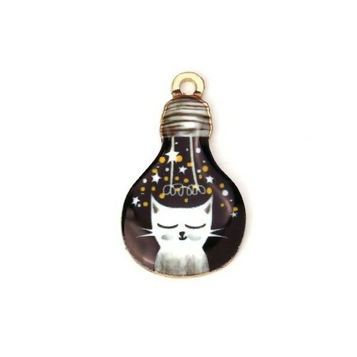 Ps110115269 pax 4 pendentifs résine style émaillés chat dans ampoule sur une base en métal dore