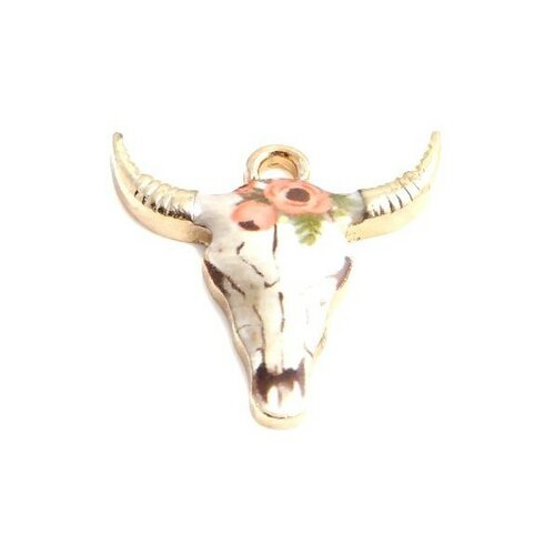 Ps110152574 pax 4 pendentifs buffalo, buffle tete vache boho chic style emaillé 22mm metal couleur doré