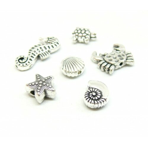 Ps11827993 pax 6 perles intercalaires - style marin marin, coquillage, étoile de mer, crabe - métal coloris argent antique
