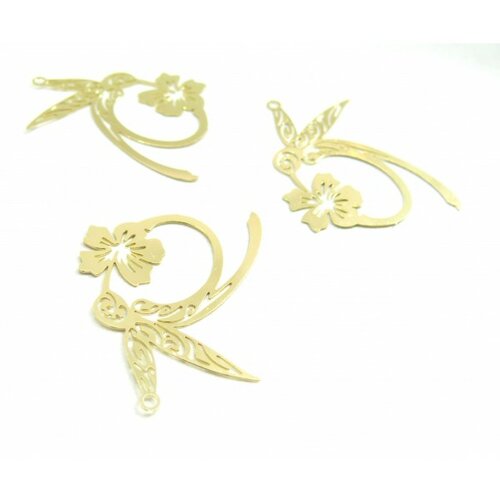Ae116743 lot de 2 estampes - pendentif filigrane colibri et fleur 31 par 29mm - cuivre coloris doré