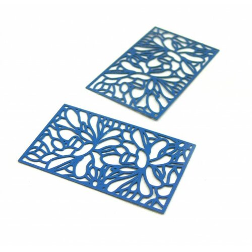 Ae113122 lot de 2 estampes - pendentif connecteur, filigrane rectangle fleur 40 par 25 mm - cuivre coloris bleu petrole