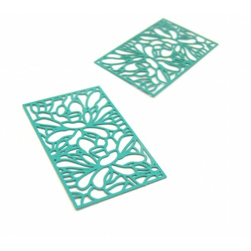 Ae113122 lot de 2 estampes - pendentif connecteur, filigrane rectangle fleur 40 par 25 mm - cuivre coloris bleu vert canard
