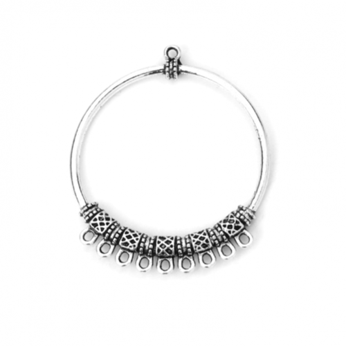 Ps110113303 pax 2 pendentifs, chandeliers cercle ethnique 56 mm avec 10 anneaux métal coloris argent antique