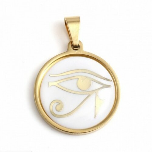 S11752805 pax 1 pendentif, médaillon nacre yoga oeil d' horus 20 mm, acier inoxydable coloris doré