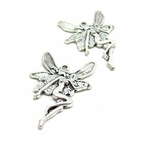 Ref 2b2263 lot de 2 grandes fées 42 mm métal coloris argent antique
