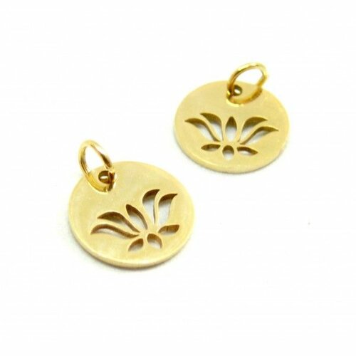 Bu11191207173342a pax 2 pendentifs - médaillon fleur de lotus - 11 mm - doré en acier inoxydable  - pour bijoux raffinés