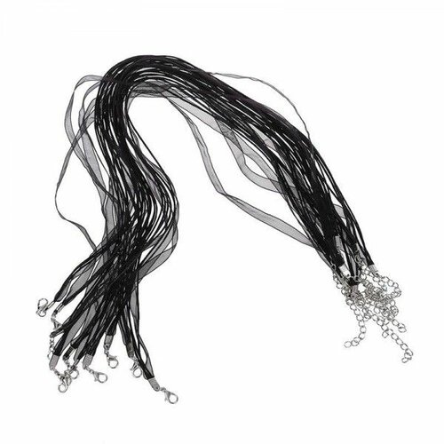 Ps1106108 pax 5 colliers organza et corde 4 rangées noir avec fermoir mousqueton 12mm et chainette d'extension de 5.5cm