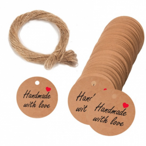 Ps11829087 pax 50 étiquettes rondes 3 cm handmade with love en kraft avec 20 mètres de corde en jute