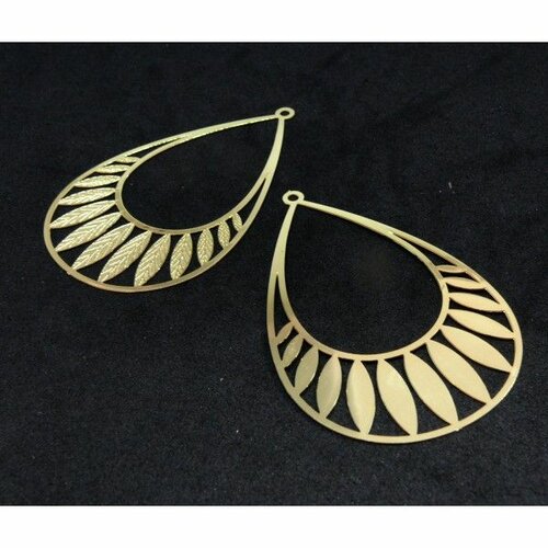 Ae116153 lot de 2 estampes - pendentif filigrane forme goutte avec plumes 24 par 40mm - laiton coloris doré