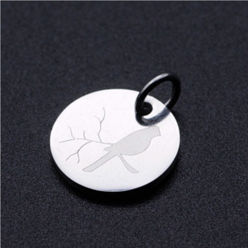 Ps11833411 pax 2 pendentifs - médaille oiseau sur branche avec anneau- 16 mm - argenté en acier inoxydable 304