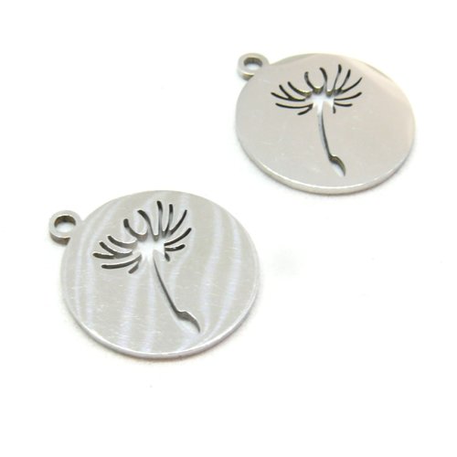 H11t056la7041 lot de 2 pendentifs médaillon pissenlit 16 mm, acier inoxydable finition argent platine rhodiélatine