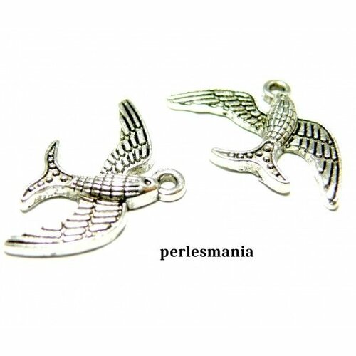 Ref 2y3604 pax 10 pendentifs, breloques oiseaux, hirondelles 25 mm métal coloris argent antique