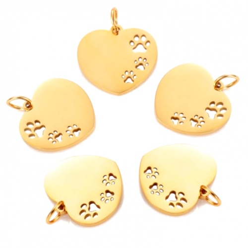 Ps11844300 pax 1 pendentif - médaille cœur avec pattes de chien 23 par 18mm - doré en acier inoxydable  - pour bijoux raffinés